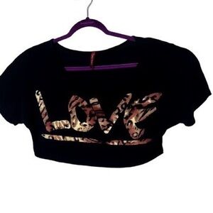 Black Crop Top with Leopard Print 'Love' Design